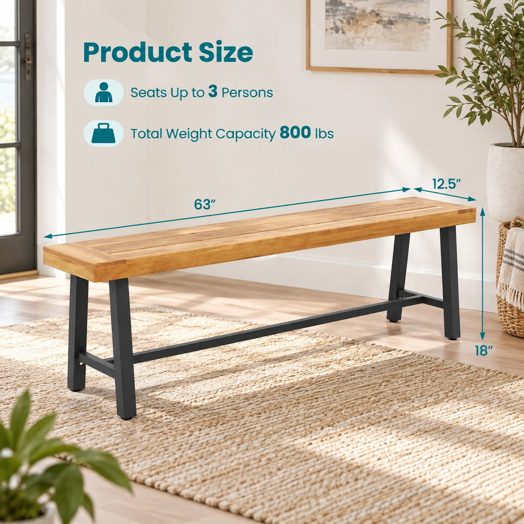 Airfind 63 Inch 3-Person Acacia Patio Wood Outdoor Backless Bench-Set of 1, 800 lbs Capacity, Acacia Wood Metal Frame, 63 x 12.5 x 18 Footprint