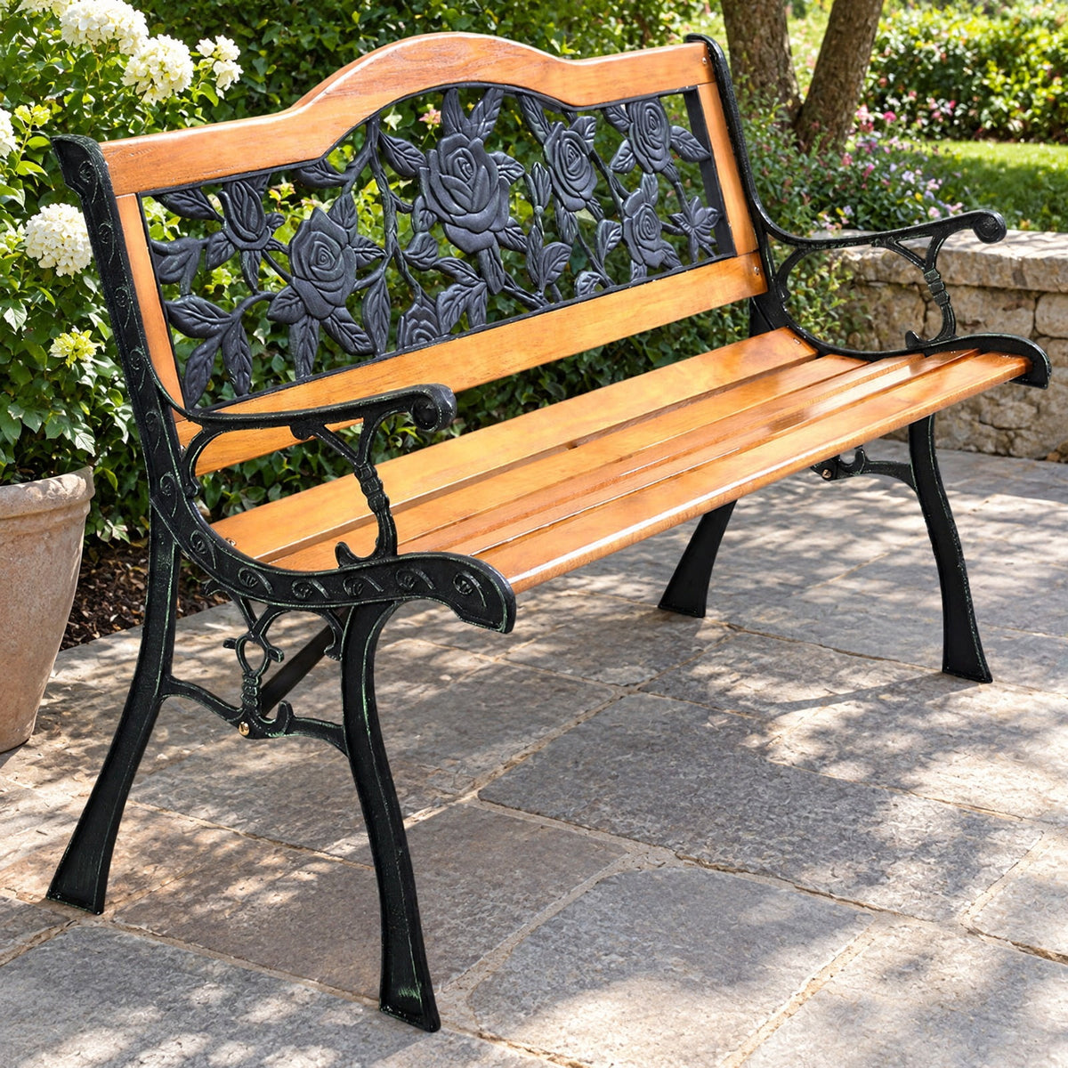 Airfind Garden Bench Chair Outdoor Wooden Loveseat with Iron Armrest, 463 lbs Capacity, Cast Iron Frame, Black + Natural