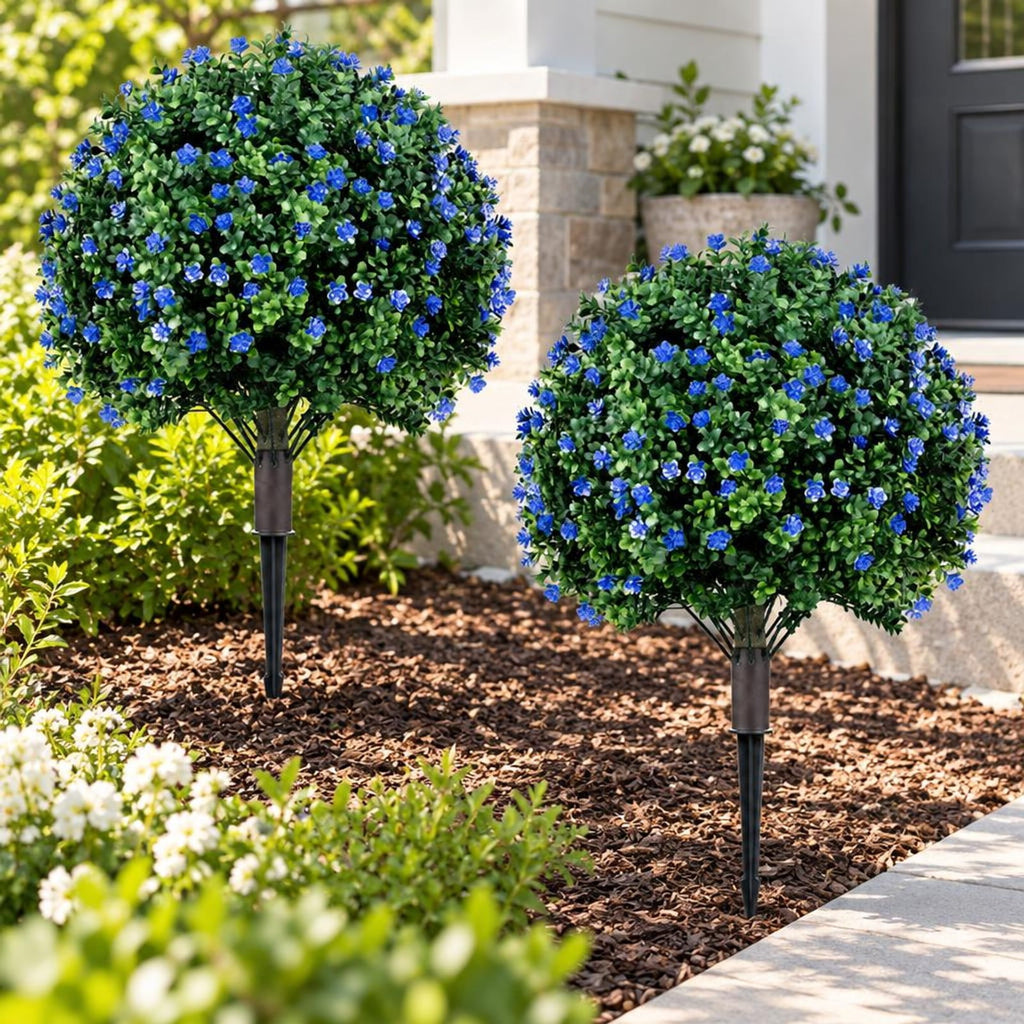 Airfind 2 Pack Artificial Flowering Boxwood Topiary Ball Trees 27.5 Inches Faux Floral Shrubs, PP PE Frame for Everyday Use, Green