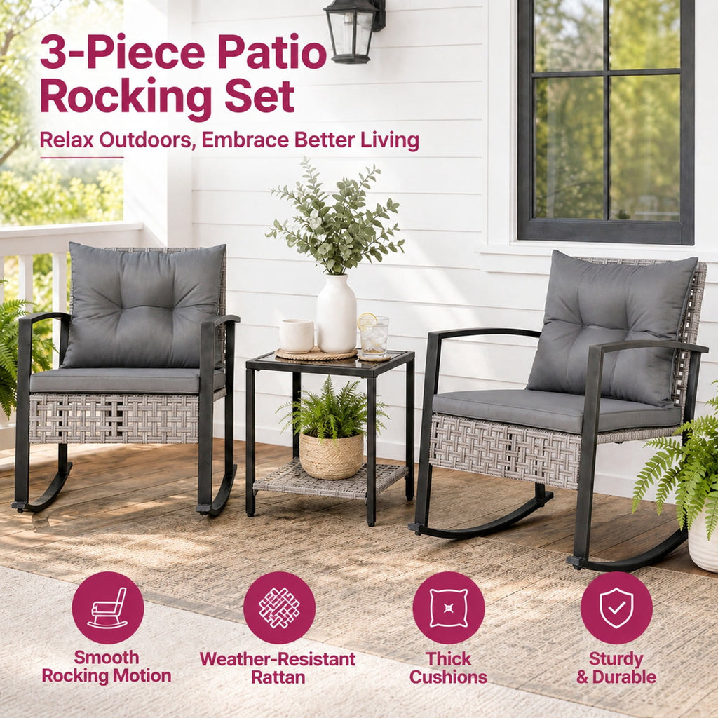 Airfind 3-Piece Outdoor Rocking Chair Set for Garden, 100 lbs Capacity, 28.5 x 22.5 x 31 Footprint, Gray