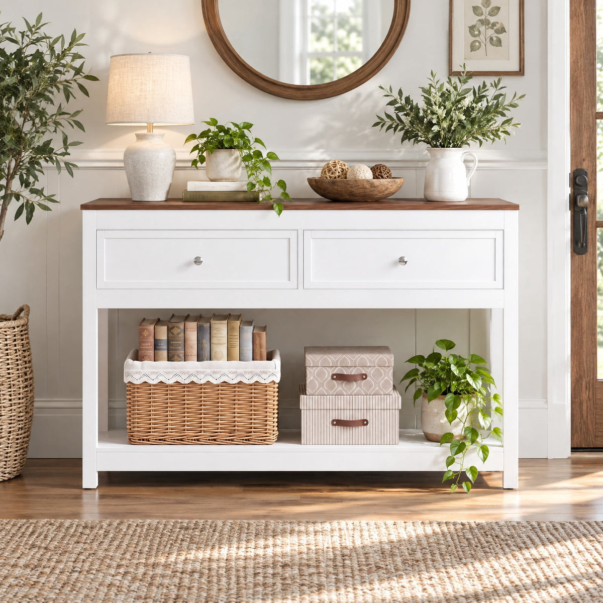 Airfind Farmhouse Console Table Entryway Sofa Table Featuring 2 Drawers and Open Storage Shelf for Living Room, 165 Lb Capacity, White