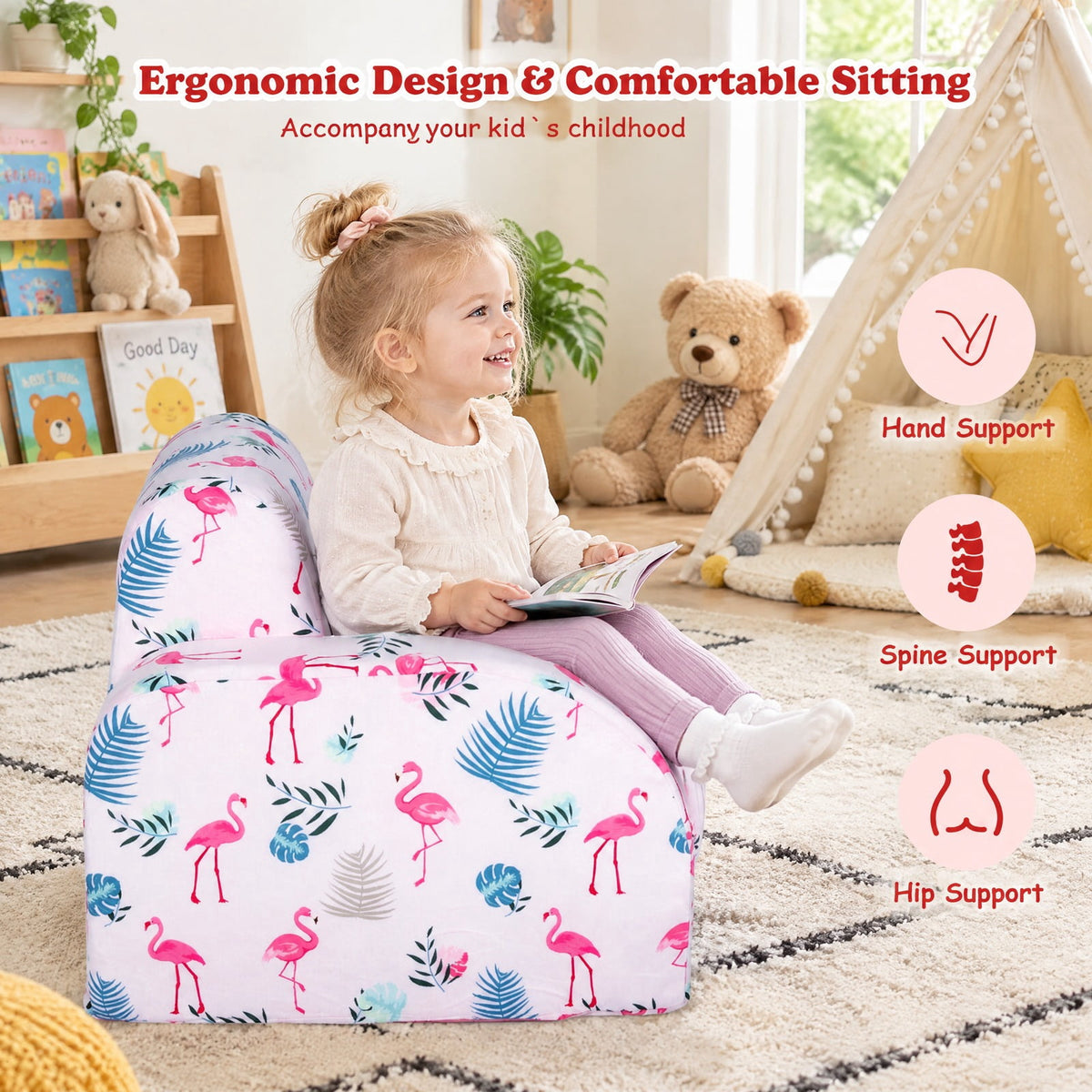 Airfind 3-in-1 Convertible Kid Sofa Bed Flip-Out Chair Lounger for Toddler, 66 lbs Capacity, Velvet fabric sponge Fully expanded Frame, Pink