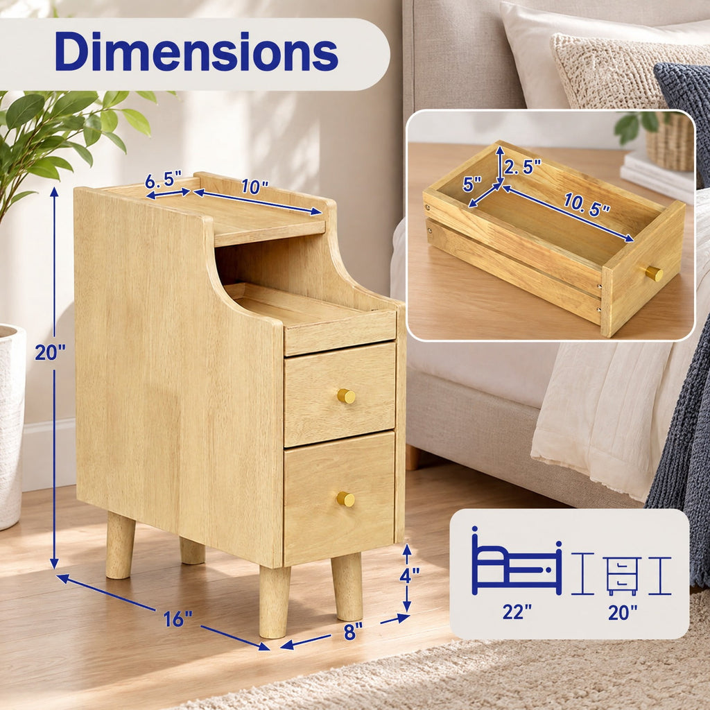 Airfind Solid Wood Night Side Table Narrow Bedside Table Nightstand with Pull-out Tray and 2 Storage Drawers, 55 lbs Capacity, Natural