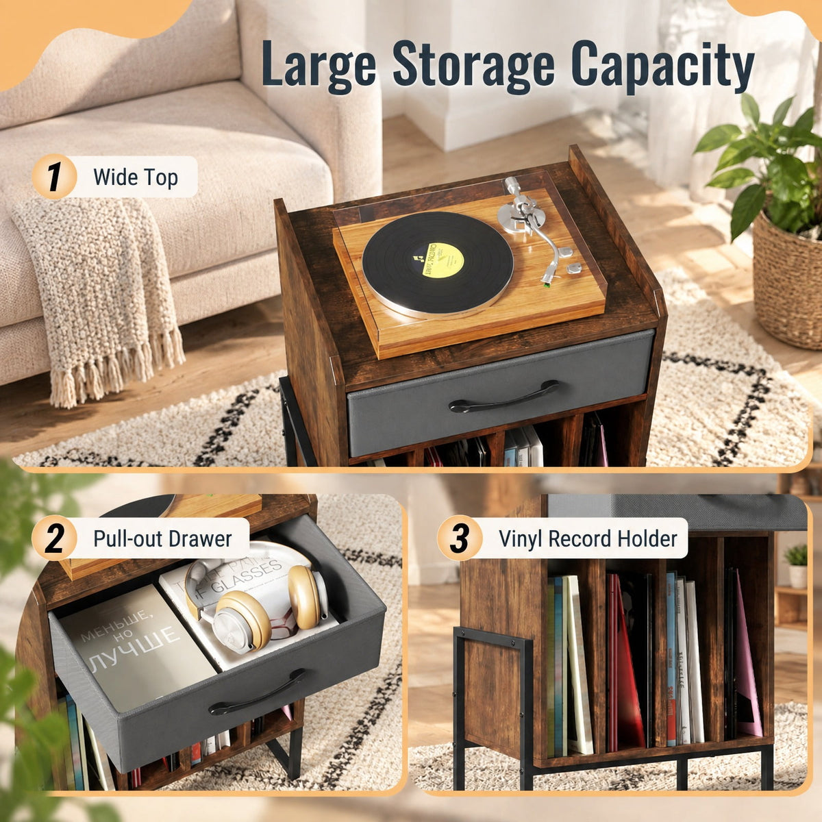 Airfind Record Player Stand with Drawer and Record Holder, 66 lbs Capacity, Engineered Wood MDF Metal Non-woven Fabric Frame, Brown