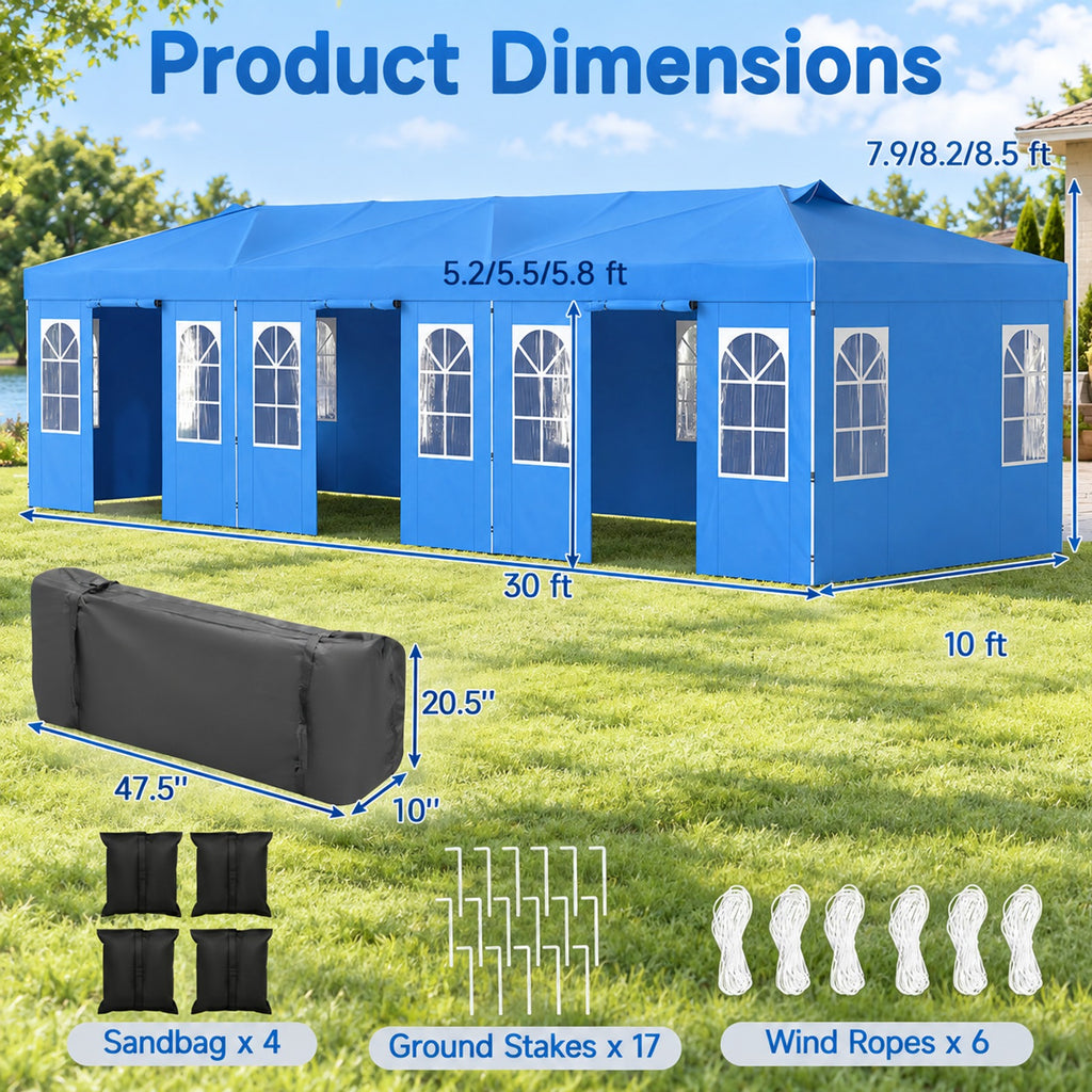 Airfind 10 x 30 FT Pop Up Canopy Tent with 8 Sidewalls and Adjustable Height, PE Metal Fabric Frame, 30 x 10 x 8.5/8.2/7.9 ft Footprint, Blue