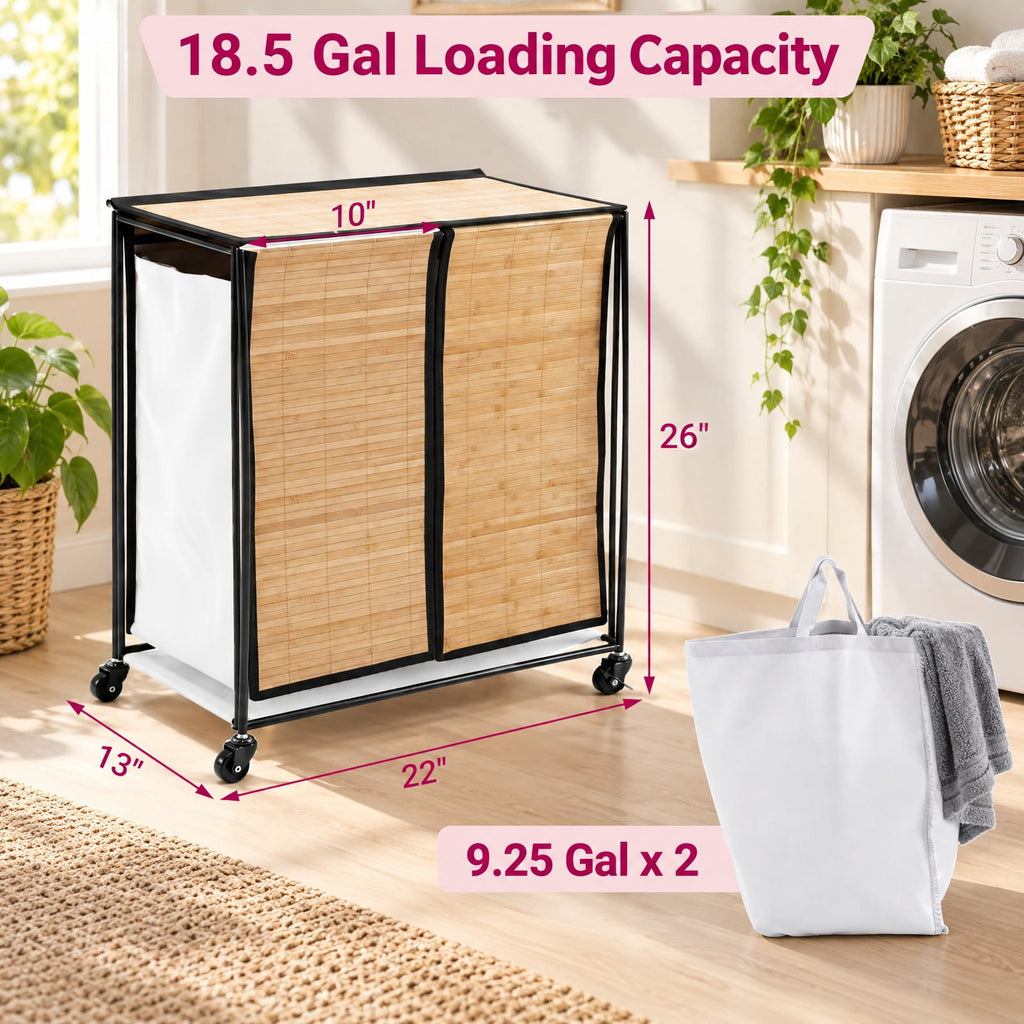 Airfind 18.5 Gal Laundry hamper with Lid 2-Section with 2 Lockable Wheels, 11 lbs Capacity, Bamboo Metal Oxford Cloth Frame, Natural
