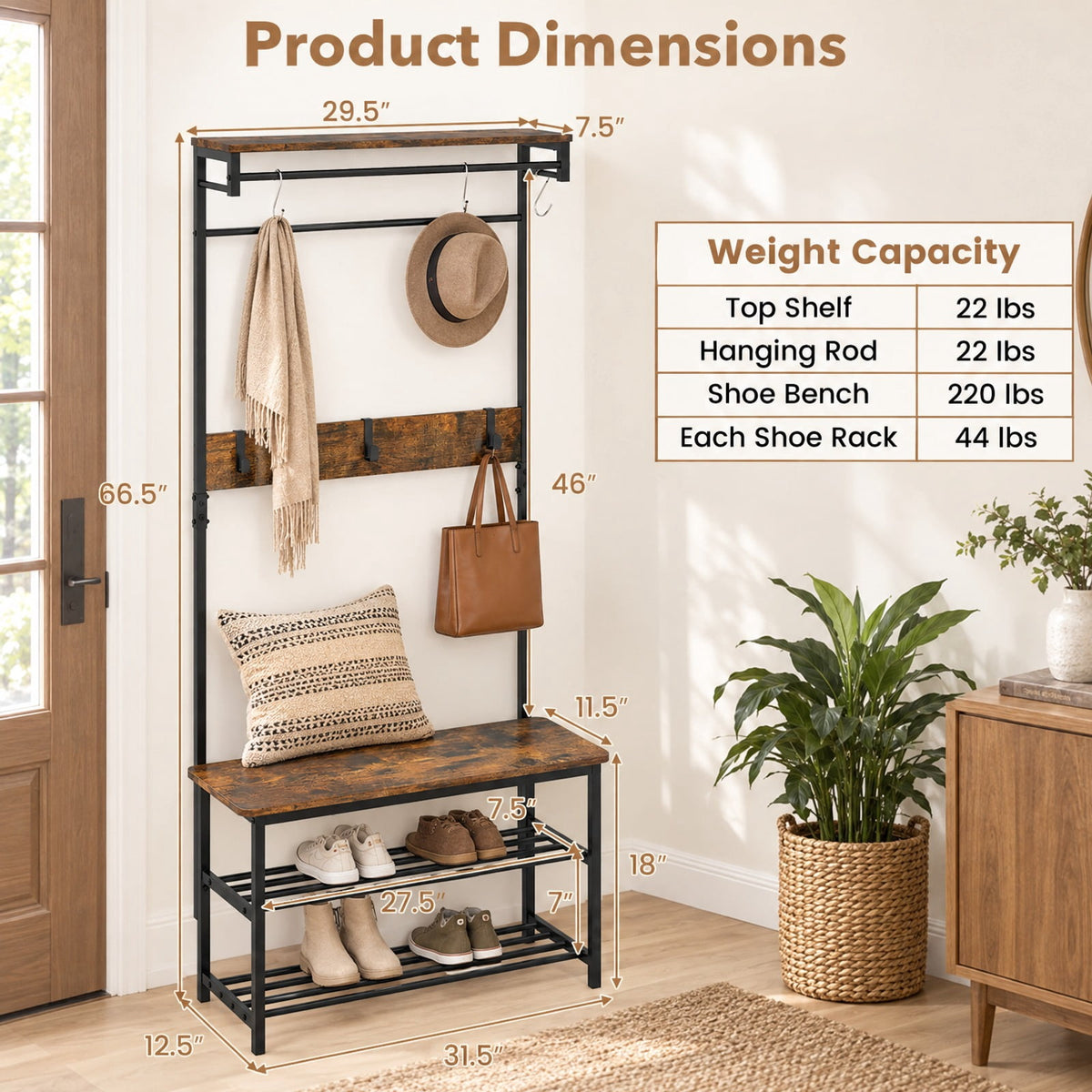 Airfind Coat Rack 4-In-1 Hall Tree with Shoe Bench and Removable Hooks, 220 lbs Capacity, Metal Engineered Wood Frame, Coffee