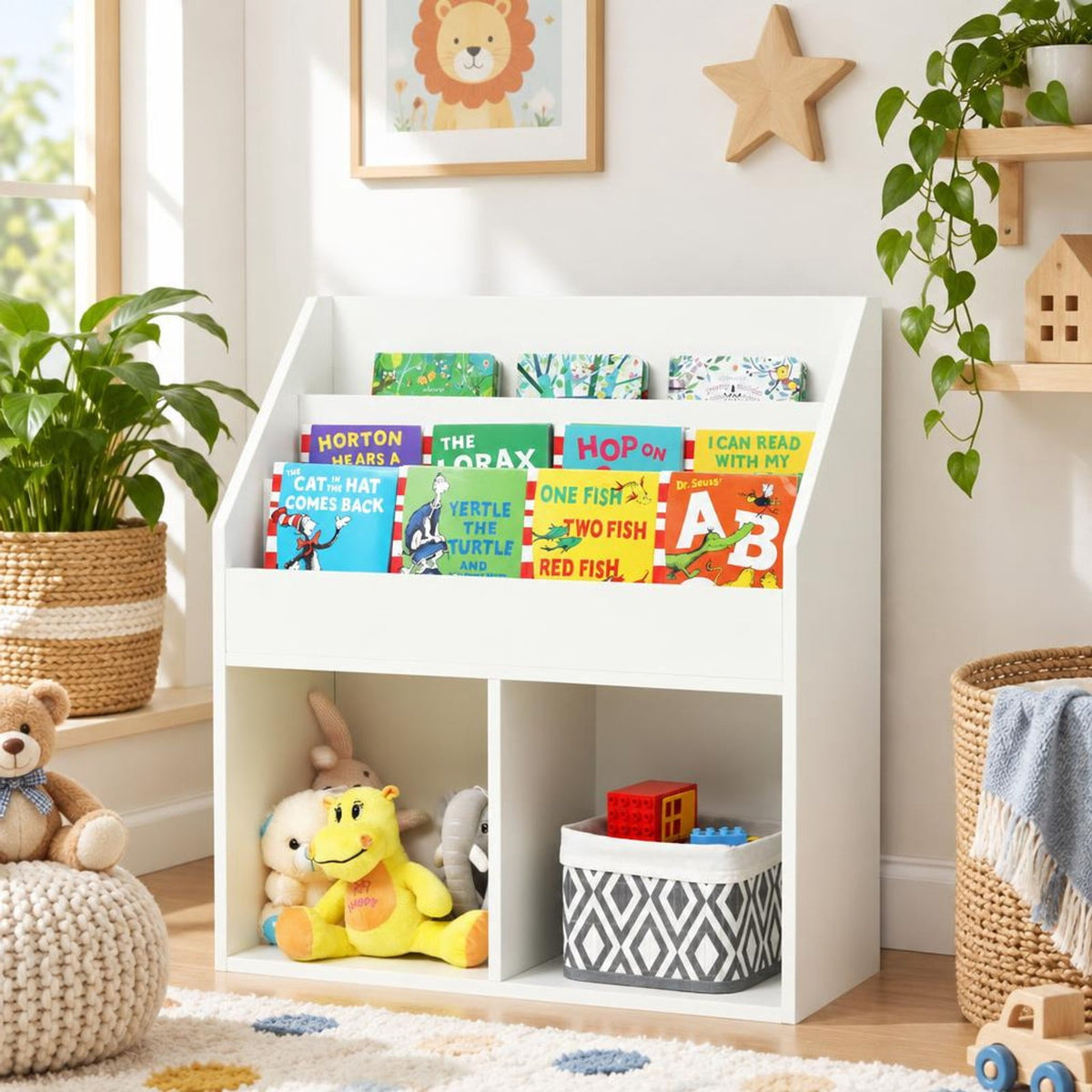 Airfind Kids Wooden Bookshelf Bookcase Children Toy Storage Cabinet Organizer, Engineered wood Frame, 29in x 12in x 32in Footprint, White