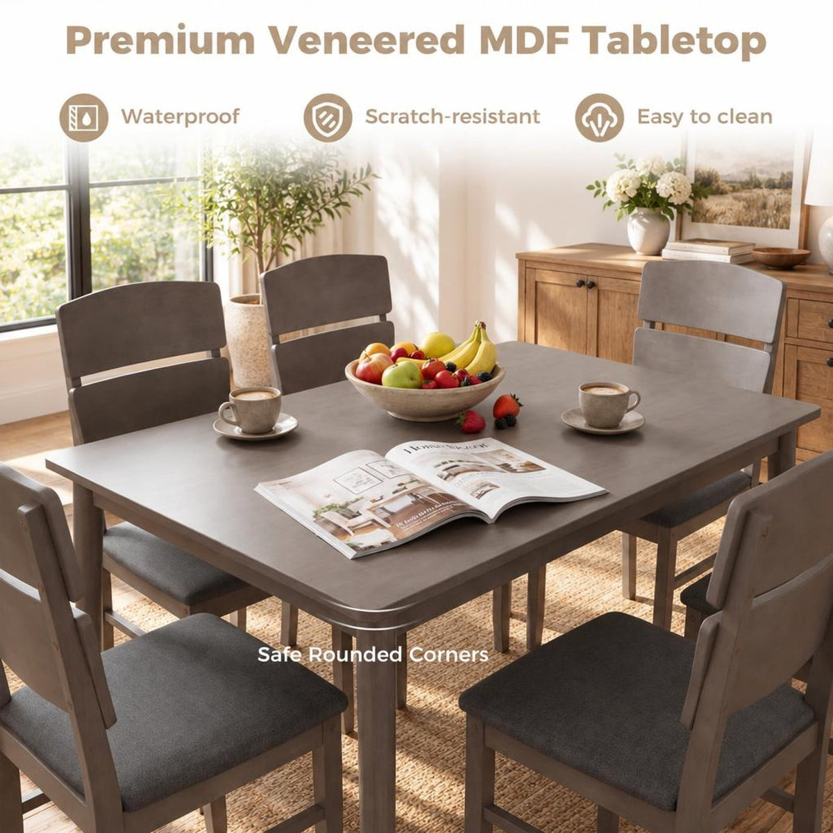 Airfind 5-Piece Dining Set featuring High Curved Backs for 4 People, 175 lbs Capacity, Rubber Wood MDF Plywood Polyester Fabric Sponge Frame, Gray