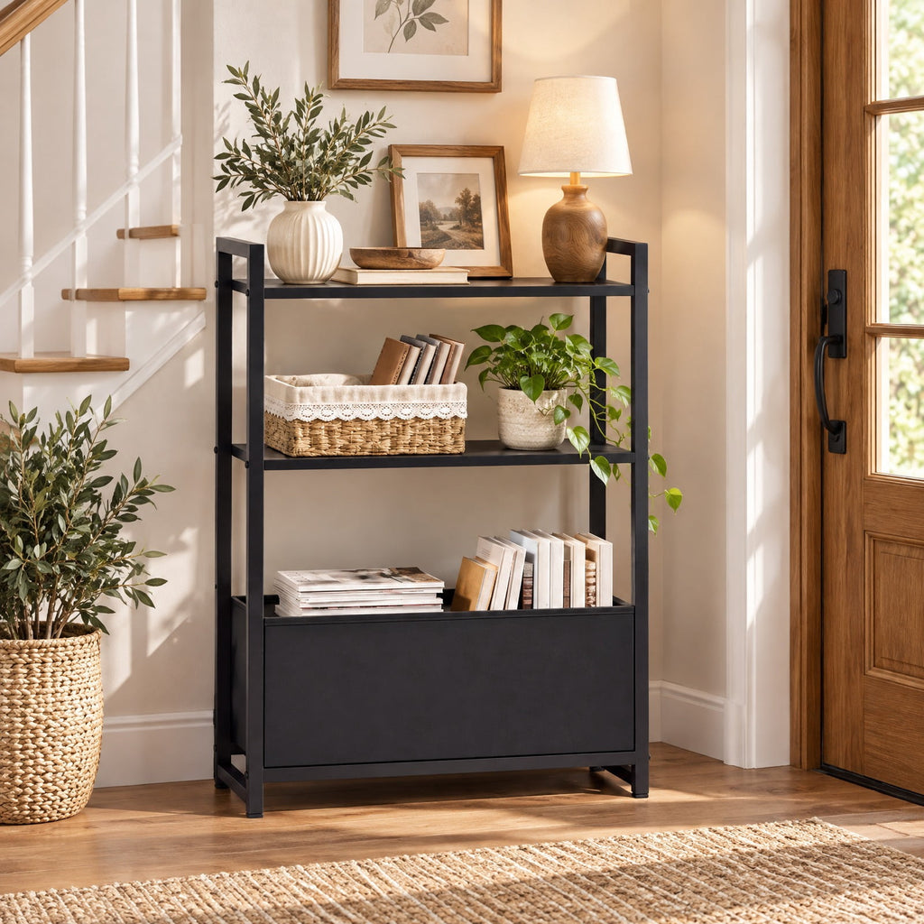 Airfind Narrow End Table with Storage Shelves and Metal Frame, 25 lbs Capacity, Engineered Wood Metal Fabric Frame, 19 x 8 x 25.5 Footprint