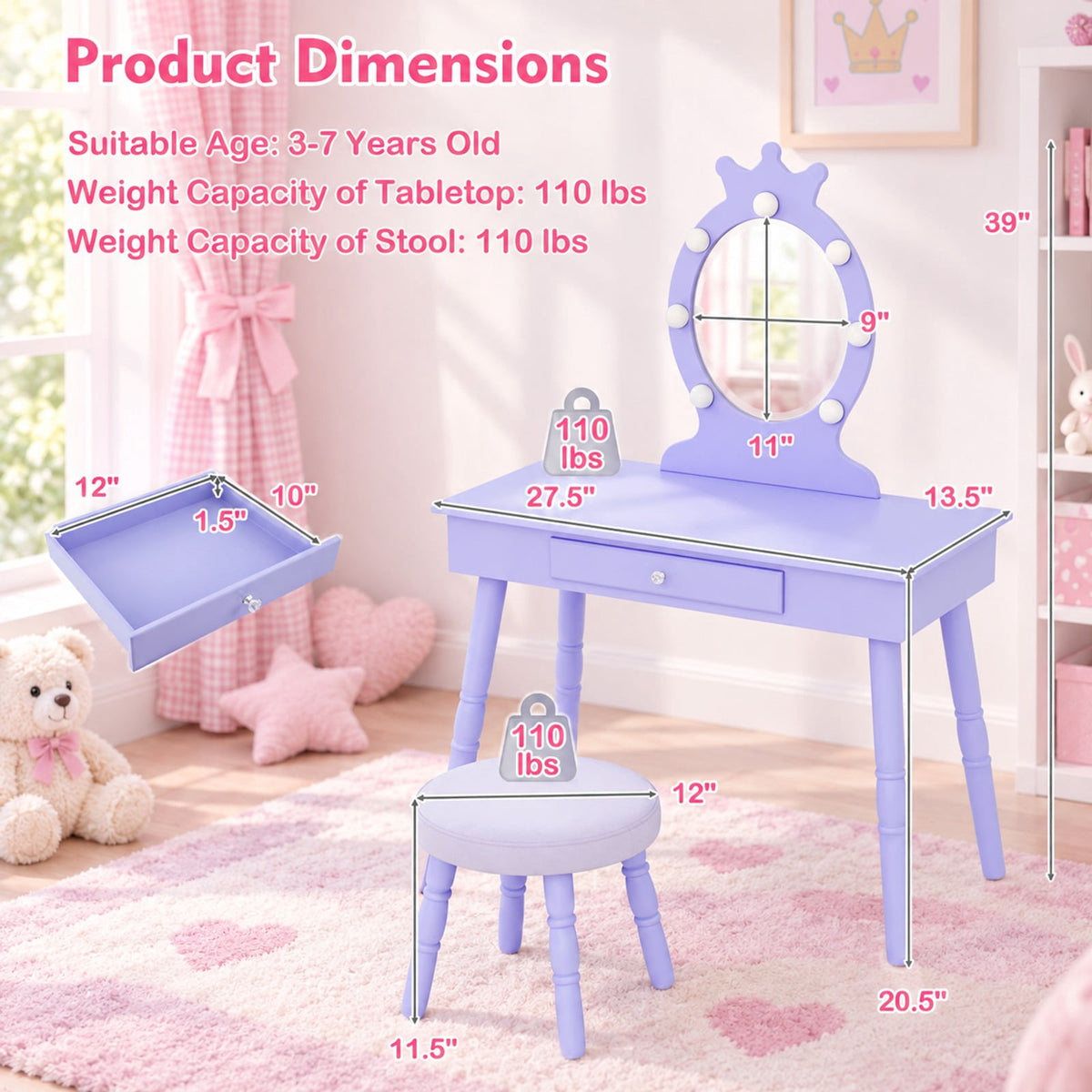 Airfind Kids Vanity Set with Lighted Mirror with Adjustable Brightness and Large Drawer, 110 lbs Capacity, MDF Frame, for 3-7 Years Old, Purple