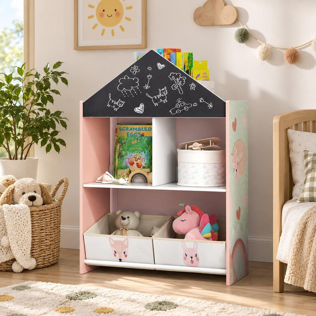 Airfind Playhouse Kids Bookshelf with Chalkboard and Whiteboard for 3-6 Years, MDF Metal Fabric Frame, Pink