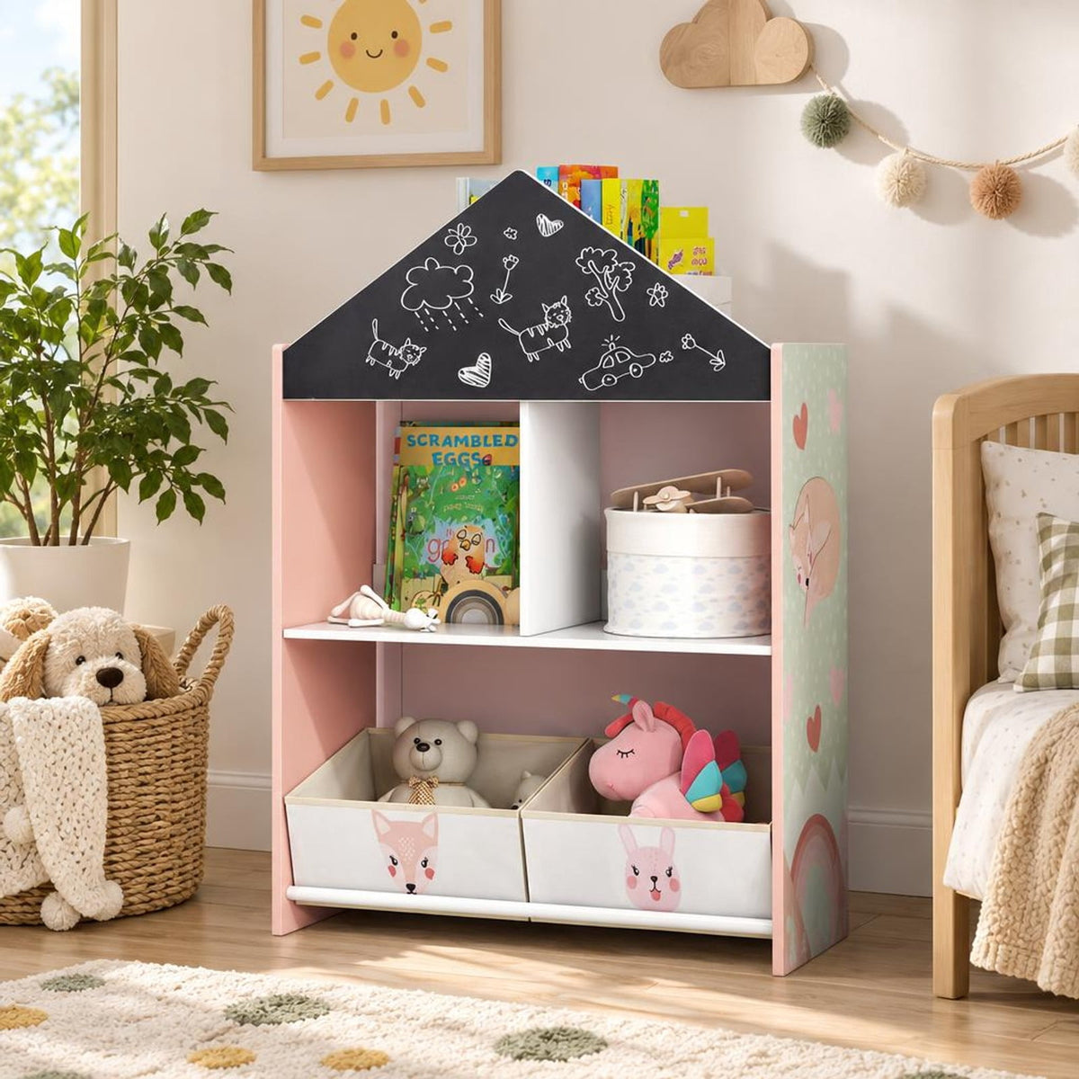 Airfind Playhouse Kids Bookshelf with Chalkboard and Whiteboard for 3-6 Years, MDF Metal Fabric Frame, Pink