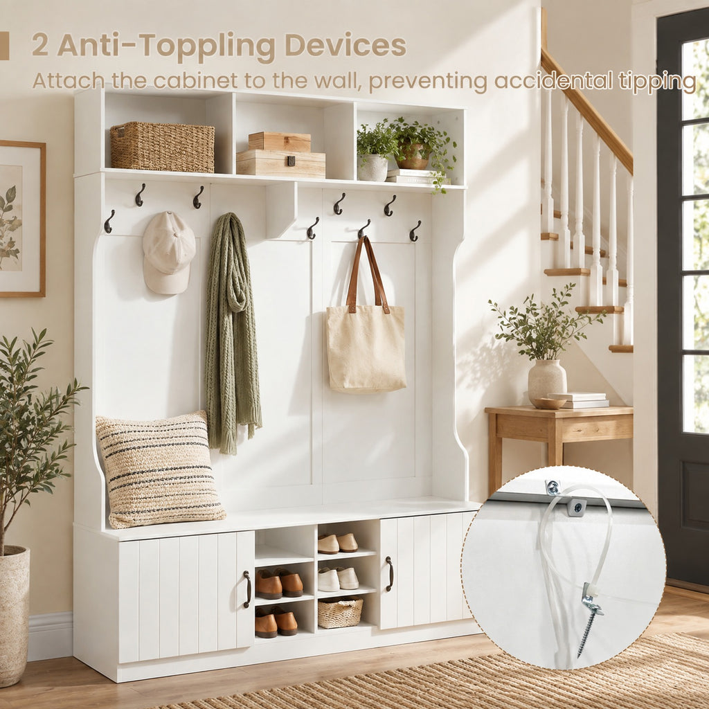 Airfind 59in Wide 6-in-1 Hall Tree with Bench and Storage, 155 lbs Capacity, Engineered Wood MDF Frame, 59in × 16in × 80in Footprint, White