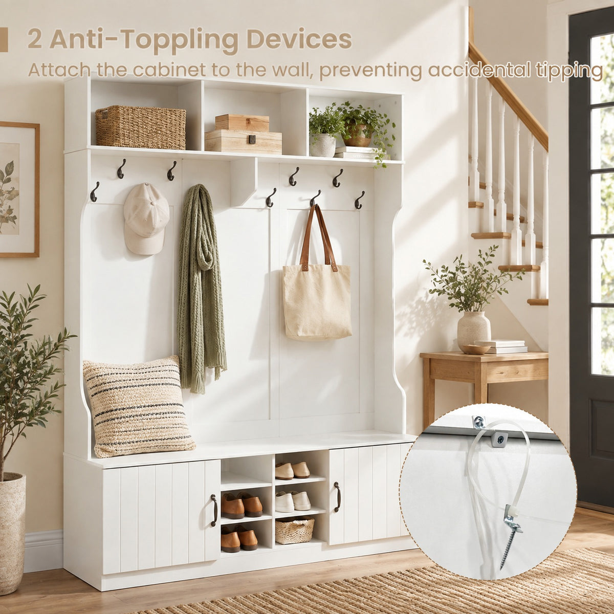 Airfind 59in Wide 6-in-1 Hall Tree with Bench and Storage, 155 lbs Capacity, Engineered Wood MDF Frame, 59in × 16in × 80in Footprint, White