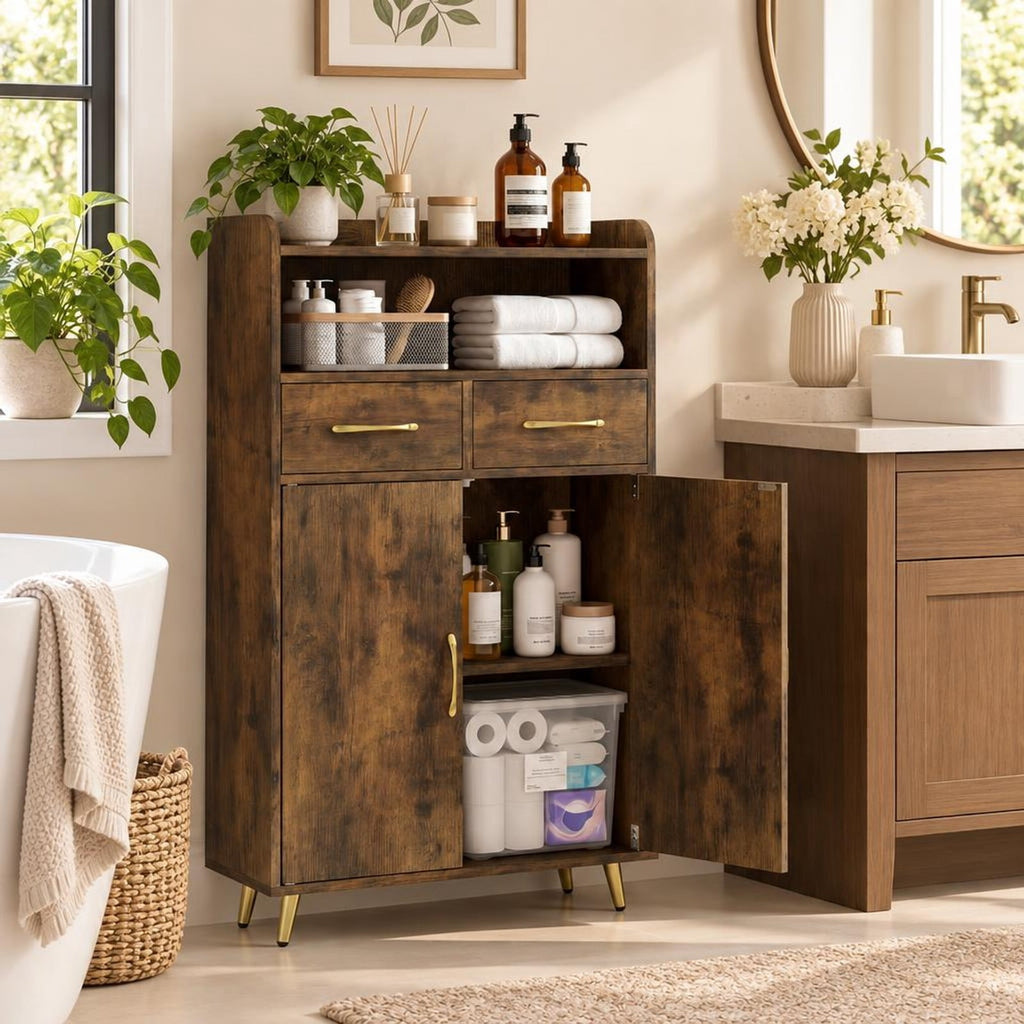 Airfind Bathroom Storage Cabinet Freestanding Floor Cabinet with 2 Drawers and 2 Doors, 44 lbs Capacity, Engineered Wood Metal Frame, Brown