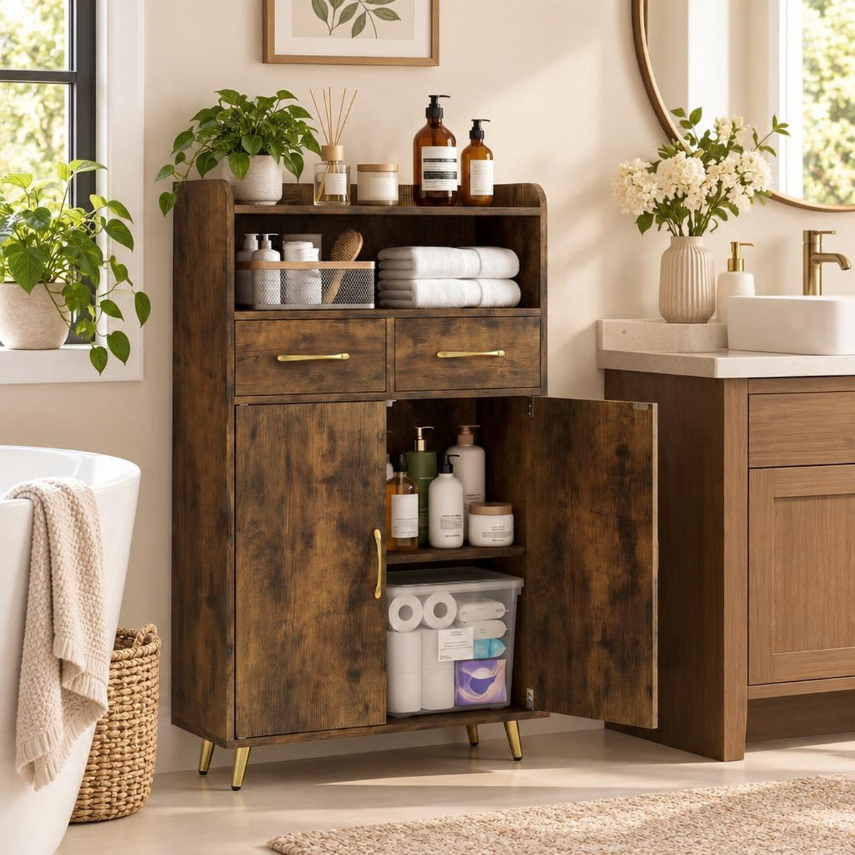 Airfind Bathroom Storage Cabinet Freestanding Floor Cabinet with 2 Drawers and 2 Doors, 44 lbs Capacity, Engineered Wood Metal Frame, Brown