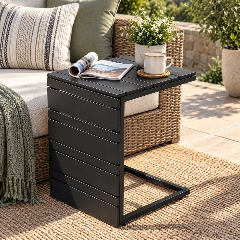 Airfind Space-Saving C-Shaped Side Table with Wood-Plastic Top for Indoor Outdoor, 55 lbs Capacity, Metal PP Frame, 15 x 14.5 x 21 Footprint