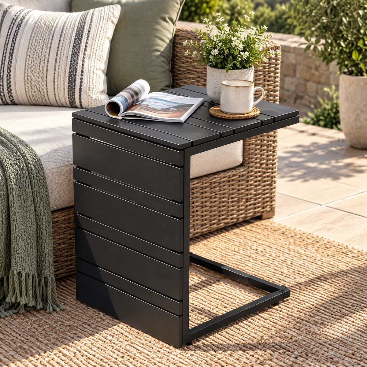 Airfind Space-Saving C-Shaped Side Table with Wood-Plastic Top for Indoor Outdoor, 55 lbs Capacity, Metal PP Frame, 15 x 14.5 x 21 Footprint