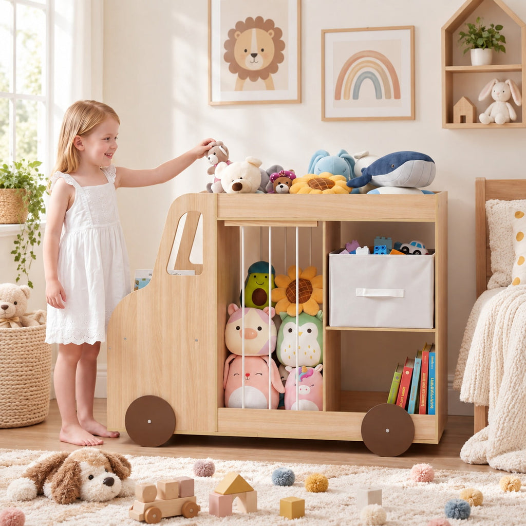 Airfind Toy Storage Organizer with Stuffed Animal Storage Fabric Drawer and Universal Wheels, 35 lbs Capacity, for 3+ Years Old, Natural