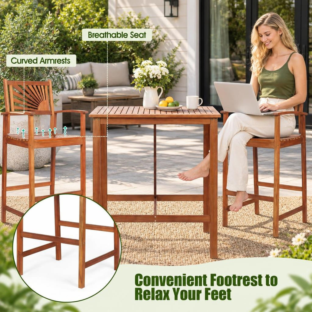 Airfind 3 Pieces Acacia Wood Patio Bar Set with Sunflower Patterned Backrest, Acacia Wood Frame, 21.5 x 19.5 x 47 Footprint, Wood