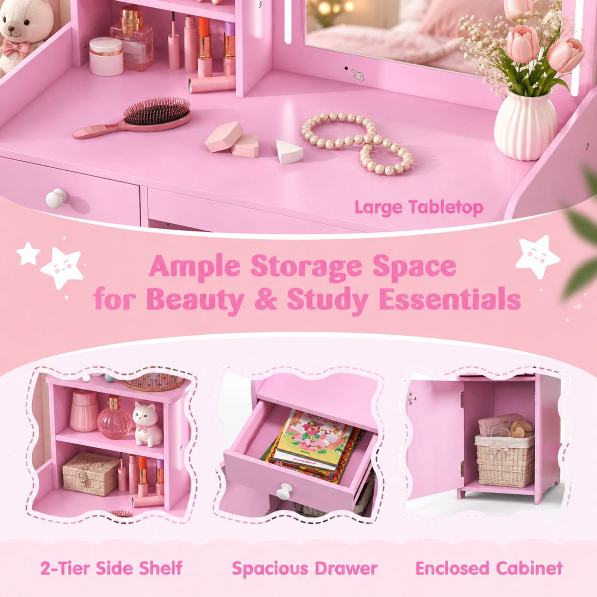 Airfind Kids Vanity Table and Chair Set with Shelves Drawer and Cabinet, P2 MDF Acrylic Frame, for Over 3 Years Old, 31.5 Inch x 16 Inch x 37 Inch Footprint