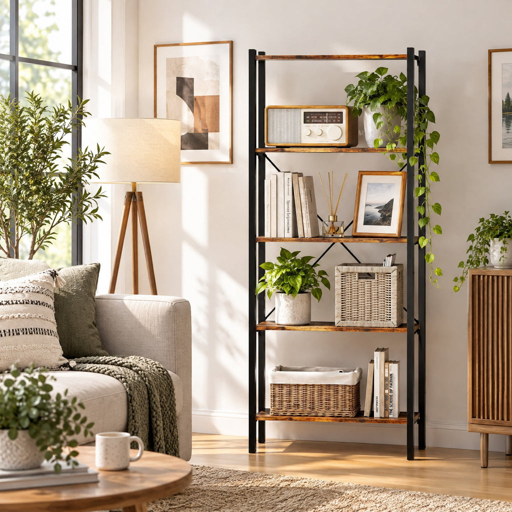 Airfind 5-Tier Bookshelf with Open Shelves and Heavy Duty Metal Frame, 220 lbs Capacity, Metal Engineered Wood Frame, Brown