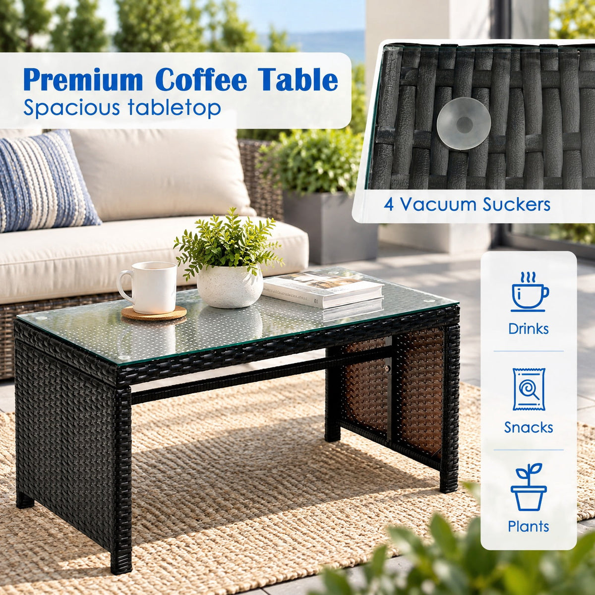Airfind 4 Pieces Patio Rattan Cushioned Furniture Set with Coffee Table, Rattan Frame, 43.5 x 25 x 31 Footprint, Black