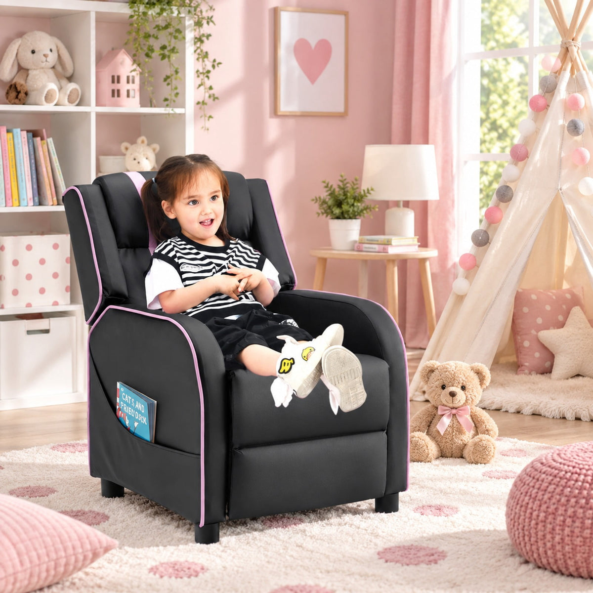 Airfind Kids Recliner Chair with Side Pockets and Footrest, 110 lbs Capacity, Sponge PU leather wood steel plastic Frame, Pink