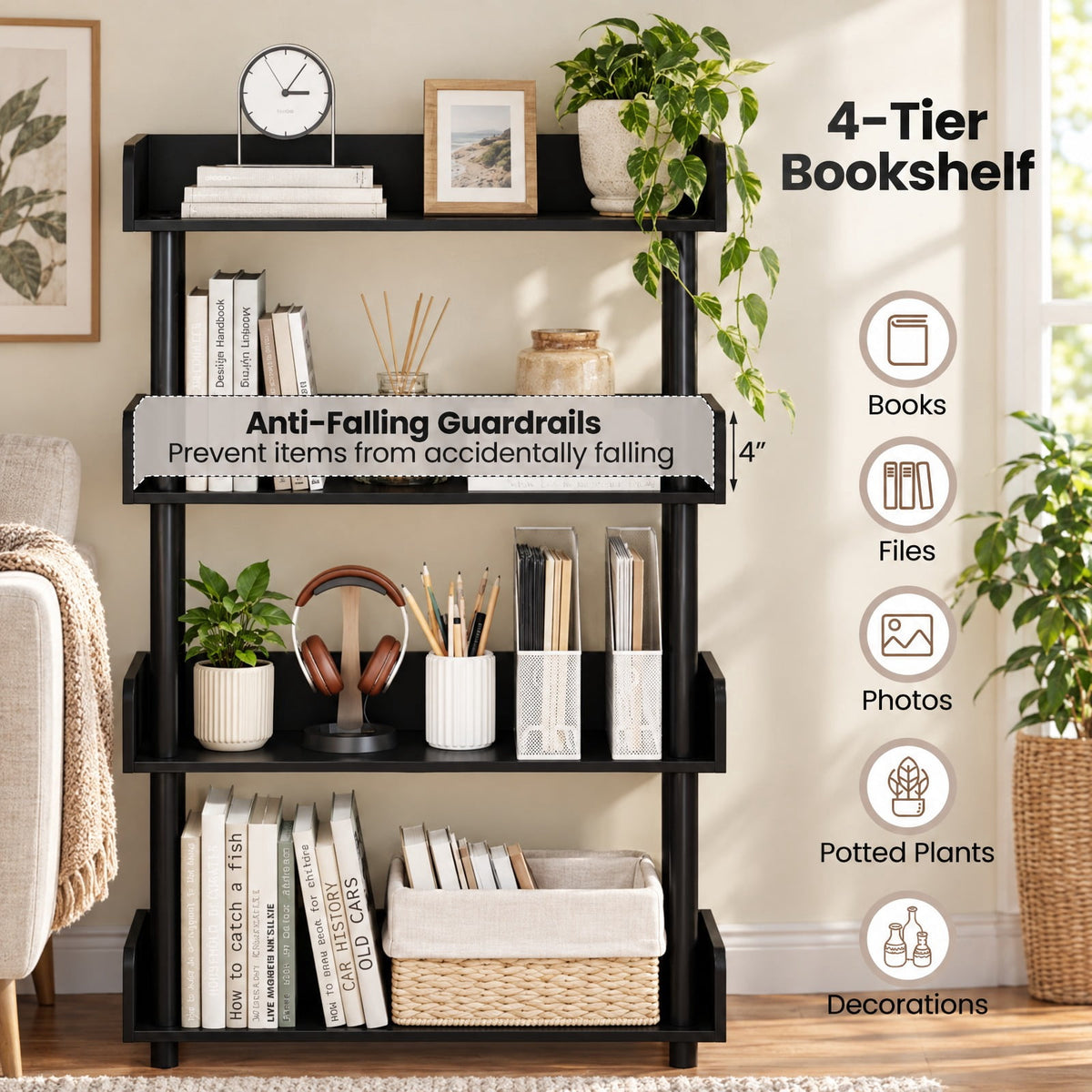 Airfind 4-Tier Bookshelf Open Bookcase with Anti-Tipping Kit Industrial Storage Unit, 33 lbs Capacity, Engineered Wood PE PP Frame, Black