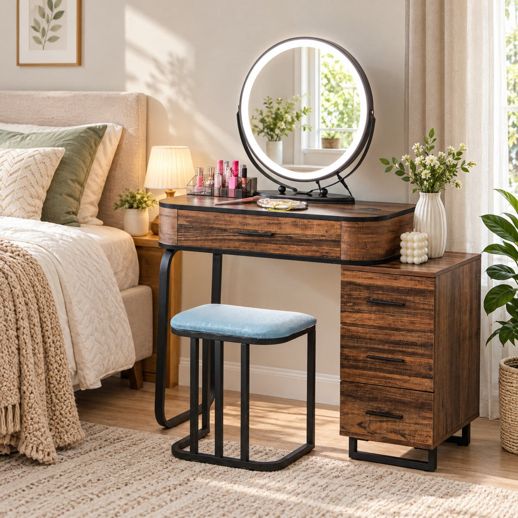 Airfind Vanity Table Set with 3-Color Lighted Mirror and Charging Station, 330 lbs Capacity, MDF Frame, 31.5inx 15.5inx 51in Footprint, Brown