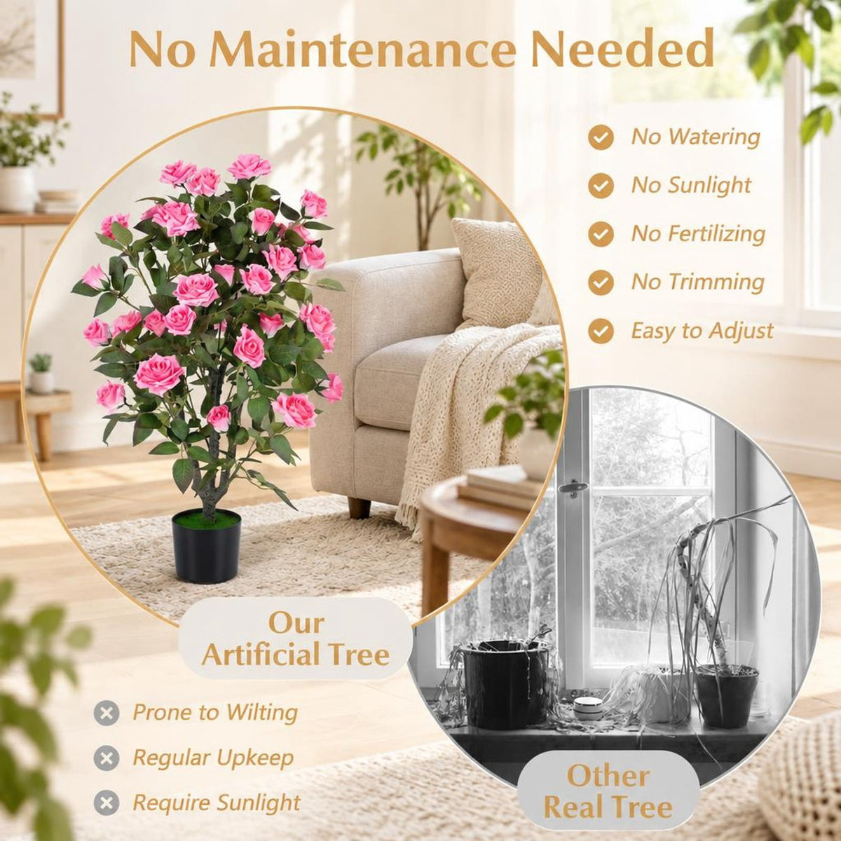 Airfind Artificial Rose Tree, 35.5 Inch, with Blooming Flowers and Leaves for Indoor, Silk Fabric Rubberized Fabric PE PP Tree Height 35.5 Inch Frame, Pink