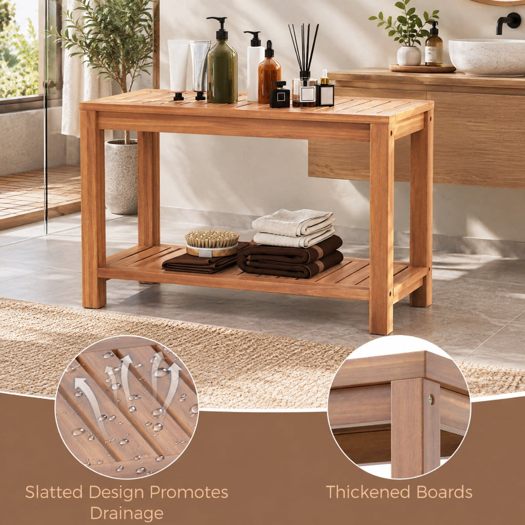 Airfind 30 Inch Teak Wood Shower Bench Inside Shower Stool with Storage Shelf, Teak Wood 19 Inches Frame, 19 x 12.5 x 17.5 Footprint, Wood