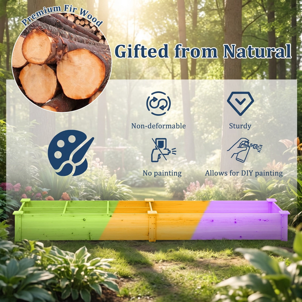 Airfind Wooden Raised Garden Bed with 2 Planter Boxes and Dividers, Fir Wood Frame, 90 x 25 x 10 (L x W x H) Interior Footprint, Natural