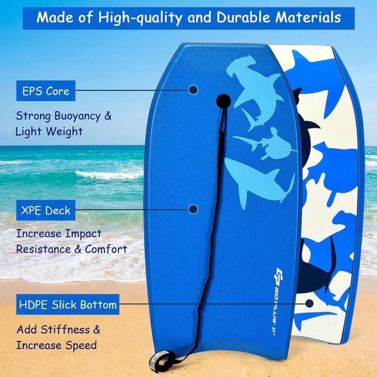 Airfind 33 Inch Lightweight Surf Bodyboard for Kids ¡ª XPE Deck, EPS Core, HDPE Slick Bottom, Crescent Tail, Coiled Wrist Leash (Blue)