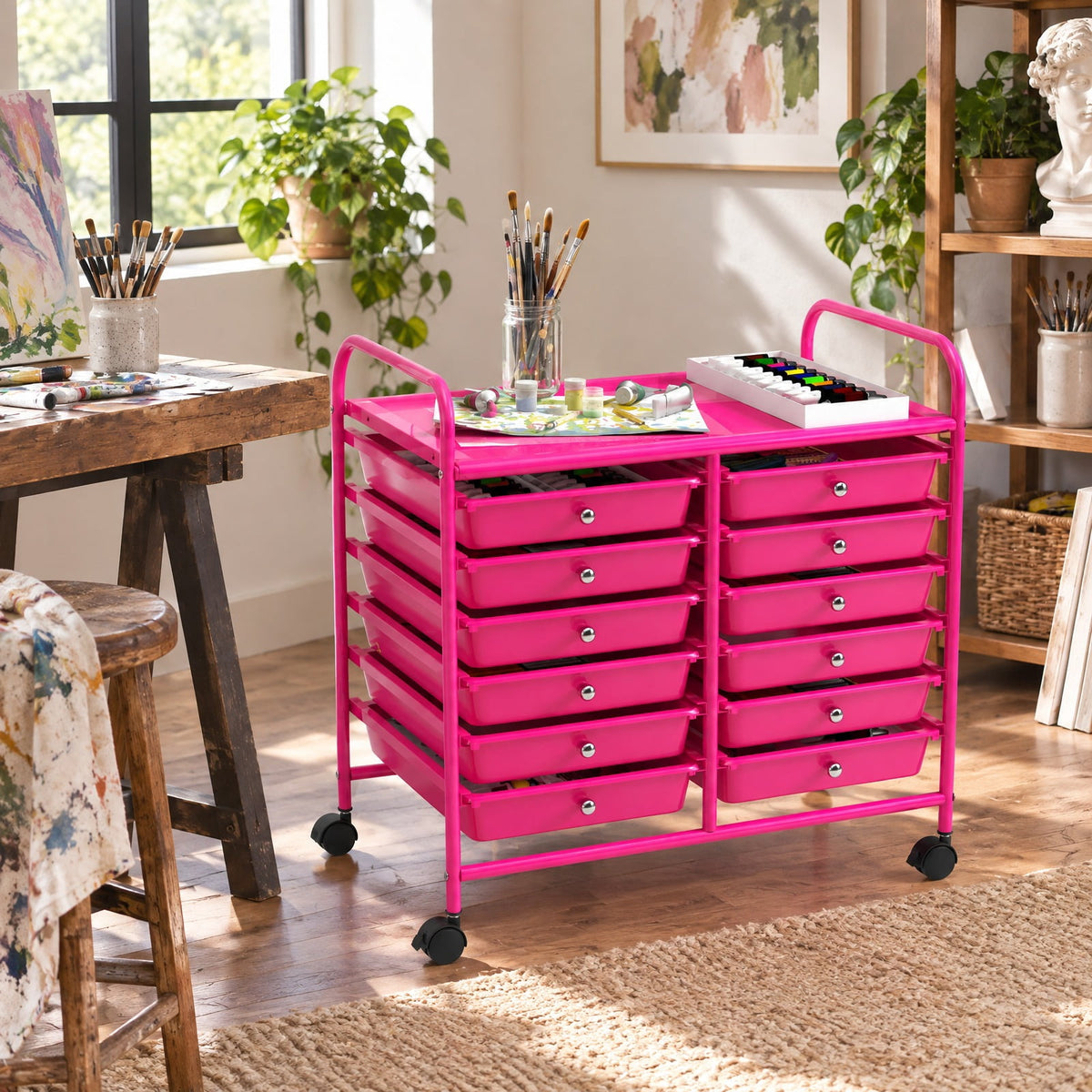 Airfind 12 Drawers Rolling Storage Cart for Home and Office, Steel Frame, 25inx15inx 34in Footprint, Pink