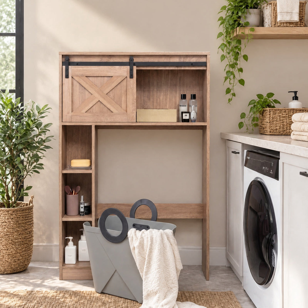 Airfind 4-Tier Over The Toilet Storage Cabinet with Sliding Barn Door and Storage Shelves, 154 lbs Capacity, Engineered Wood MDF Frame, Brown