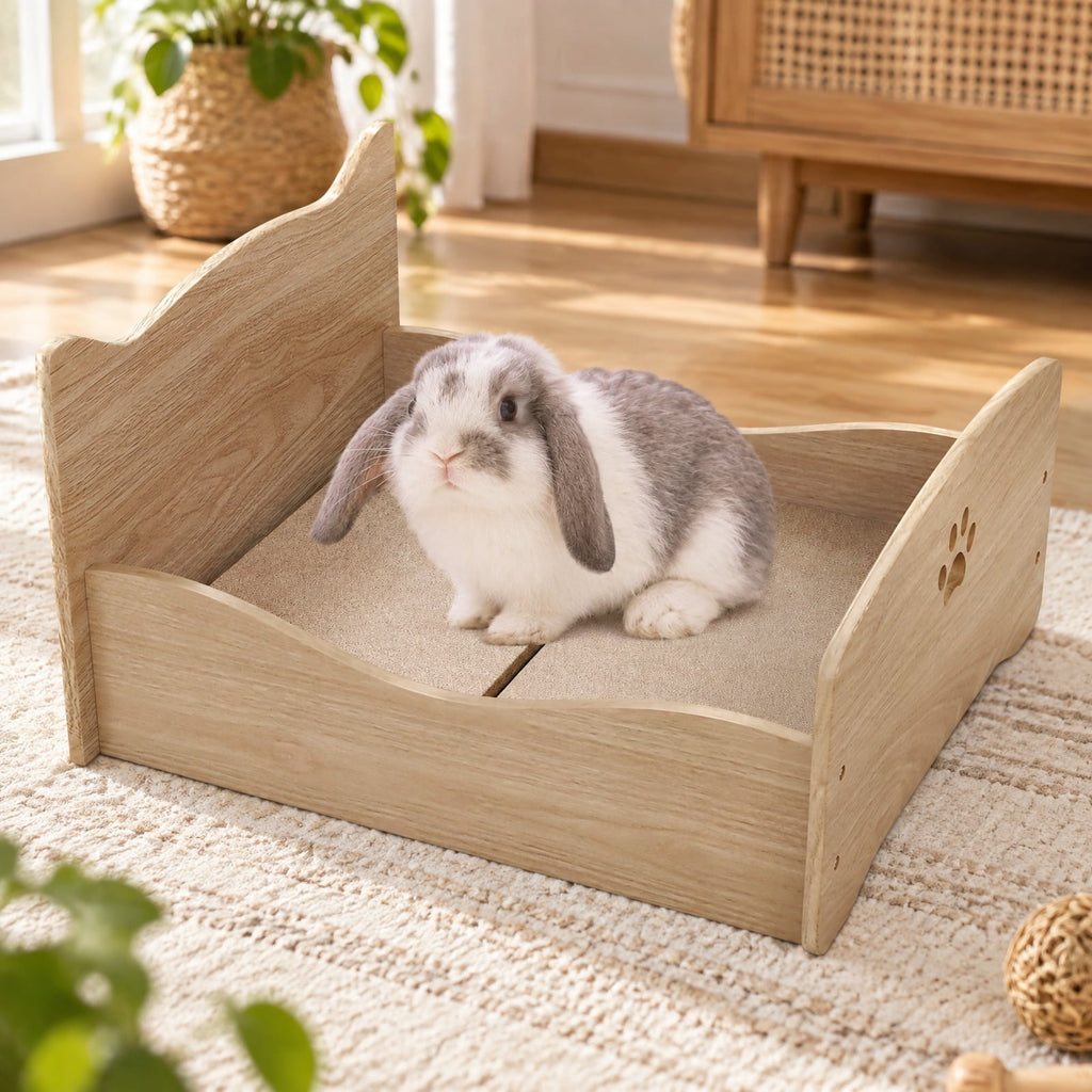 Airfind Elevated Pet Bed Frame with Rails and Cute Headboards, 44 lbs Capacity, MDF Particle Board Frame, 21 x 18 x 20 Suitable Footprint, Walnut
