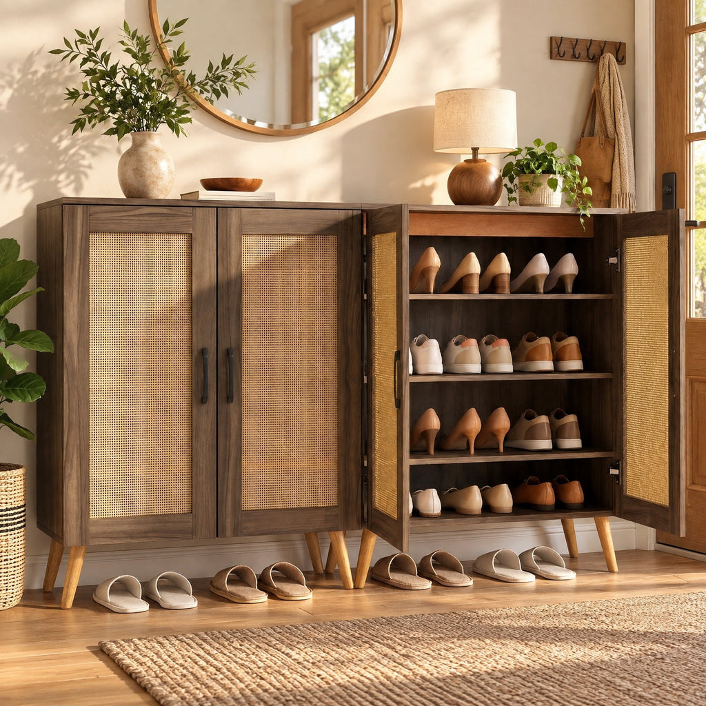 Airfind 5-Tier Rattan Shoe Cabinet with 3 Removable Shelves, 155 lbs Capacity, Engineered Wood Rattan Rubber Wood Frame, 29.5 x 14x 37 Footprint