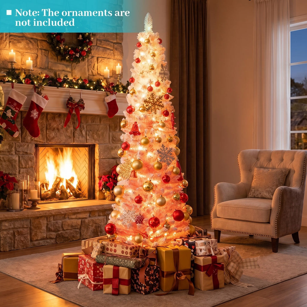 Airfind 7 FTSnow-flocked Artificial Pink Christmas Tree Pre, PVC Metal Tree Height 6 ft / 7 ft Tree Width 1.6 ft / 2 ft Frame, Pink