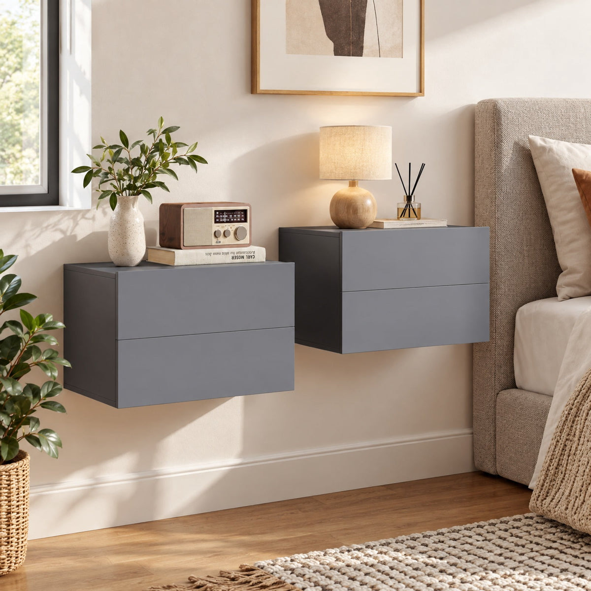 Airfind Floating Nightstand with 2 Storage Drawers Wall Mounted for Bedroom, 11 lbs Capacity, Engineered Wood Frame, 16.5in x 12in x 11.5in Footprint