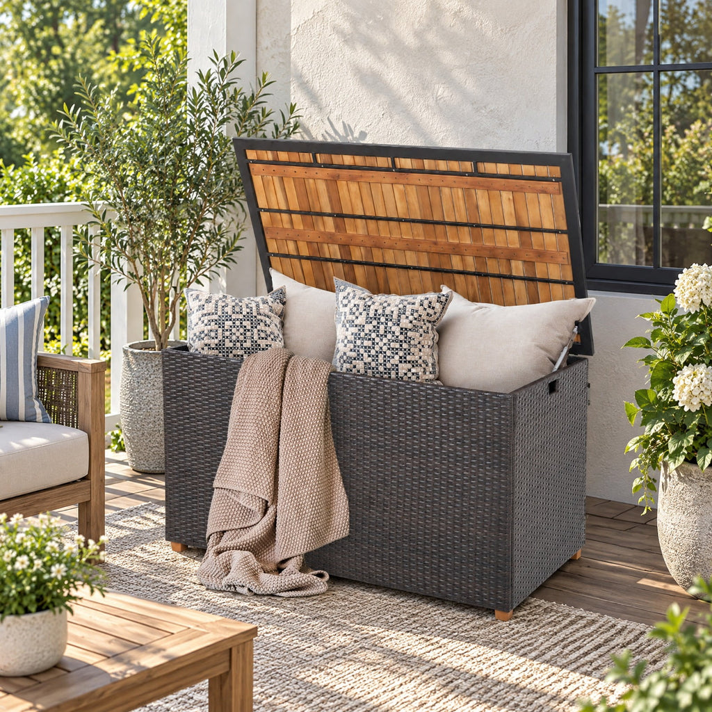 Airfind 134 Gallon Rattan Storage Box with Zippered Liner and Solid Acacia Wood Top, wood board 165 lbs Capacity, 51in x 28.5in x 28in Footprint, Wood