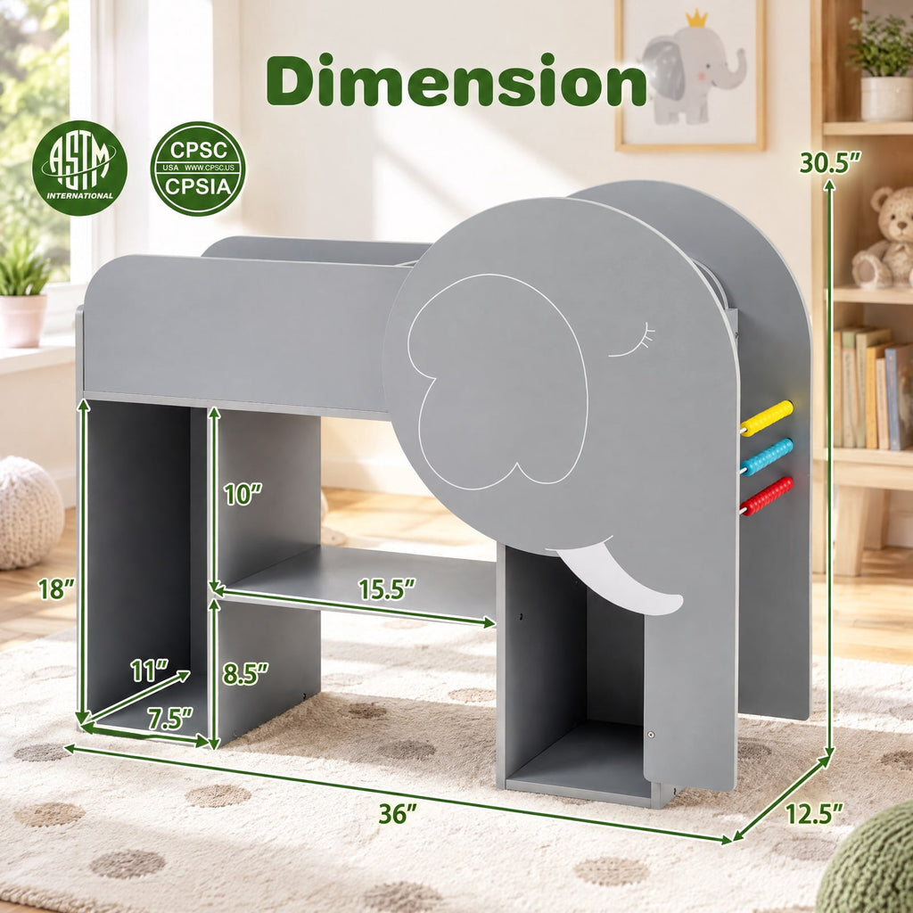 Airfind Montessori Bookshelf with Elephant Shape 3-Tier Toddler Toy Storage Organizer, 22 lbs Capacity, MDF Frame, for 3+ years old, Grey
