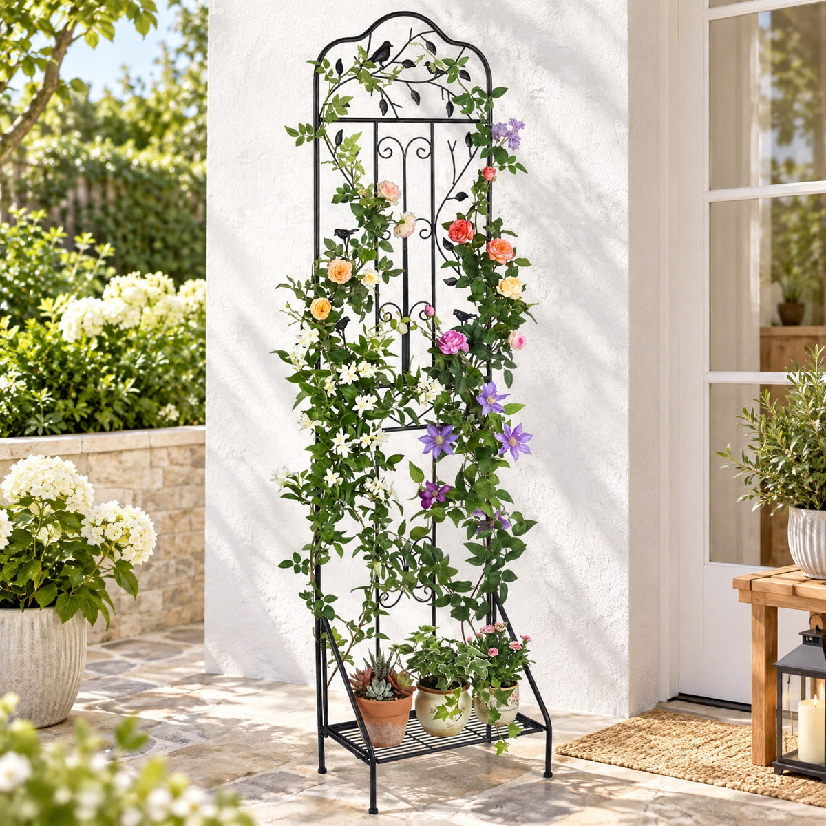 Airfind 75 x 20 Inch Outdoor Metal Garden Trellis with Foldable Bottom Shelf, 33 lbs Capacity, Metal Frame, 20 x 12 x 75 Footprint, Black