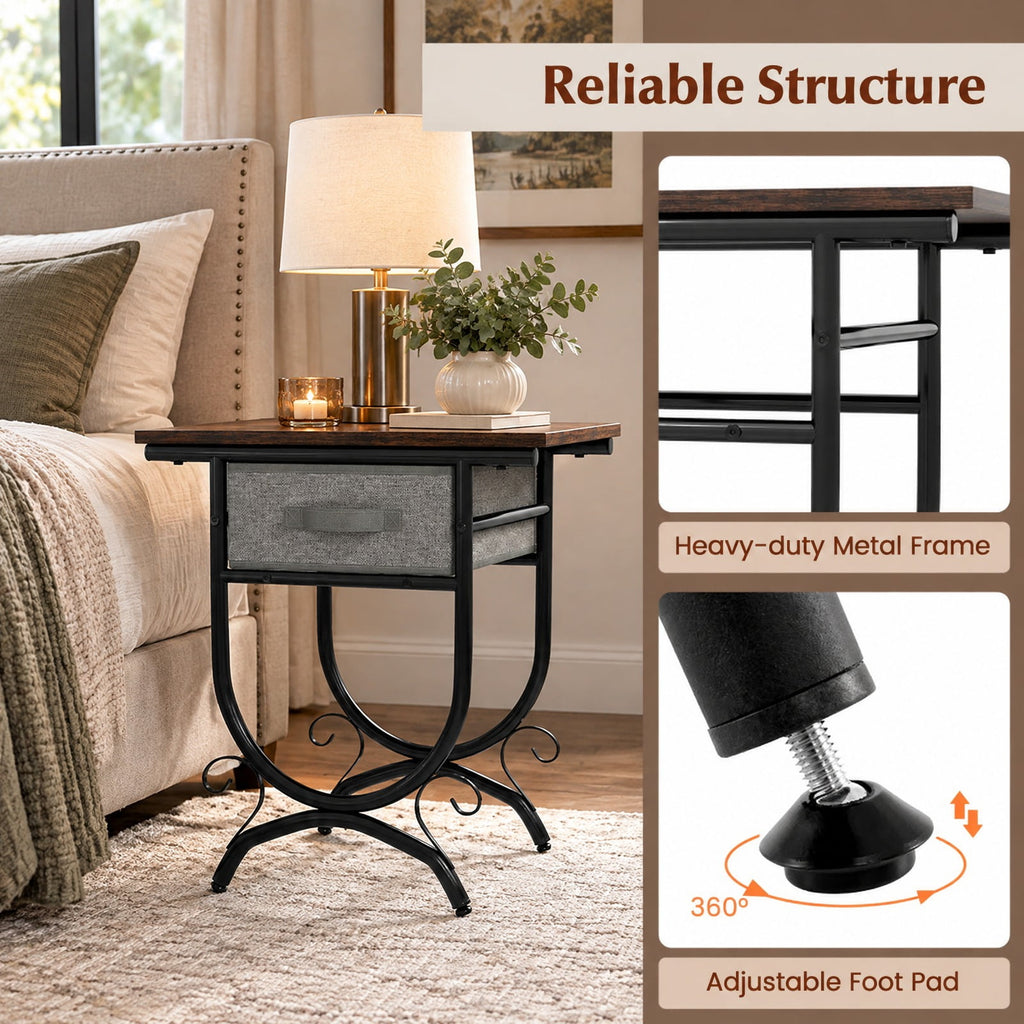 Airfind Side Table with Fabric Drawer and Carved Metal Frame for Living Room, 88 lbs Capacity, Engineered Wood Metal Fabric Frame, Black Gray