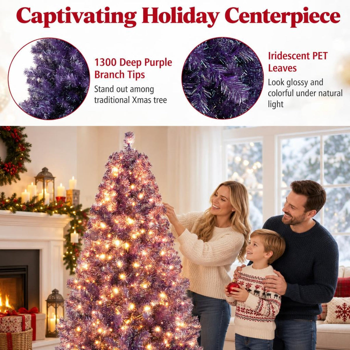 Airfind 7.5 FT Pre-Lit Purple Tinsel Christmas Tree with Warm White LED Lights, PVC and PET Artificial Fir Tree with Metal Stand, Purple