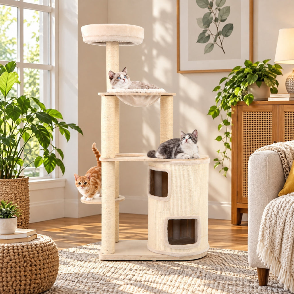 Airfind 60 Inches Tall Cat Tree with 2-Story Condo and Sisal Scratching Posts, 27.5 Inch x 15.5 Inch x 60 Inch Condo Footprint, Natural