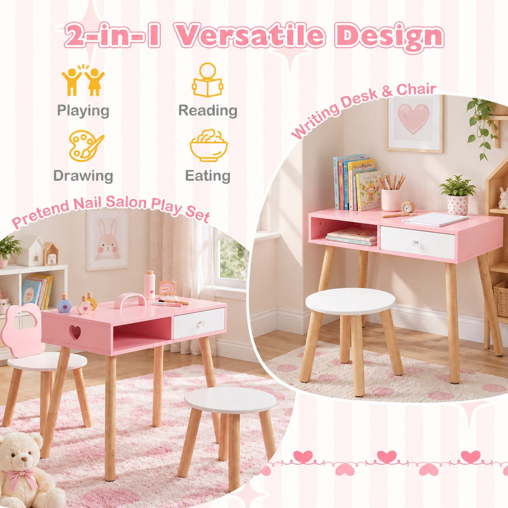 Airfind Wooden Youth Styling Salon Playset featuring Chair and Stool, Dressing and Styling Activity Kit with Eye Shadow, 66 lbs Capacity, Pink