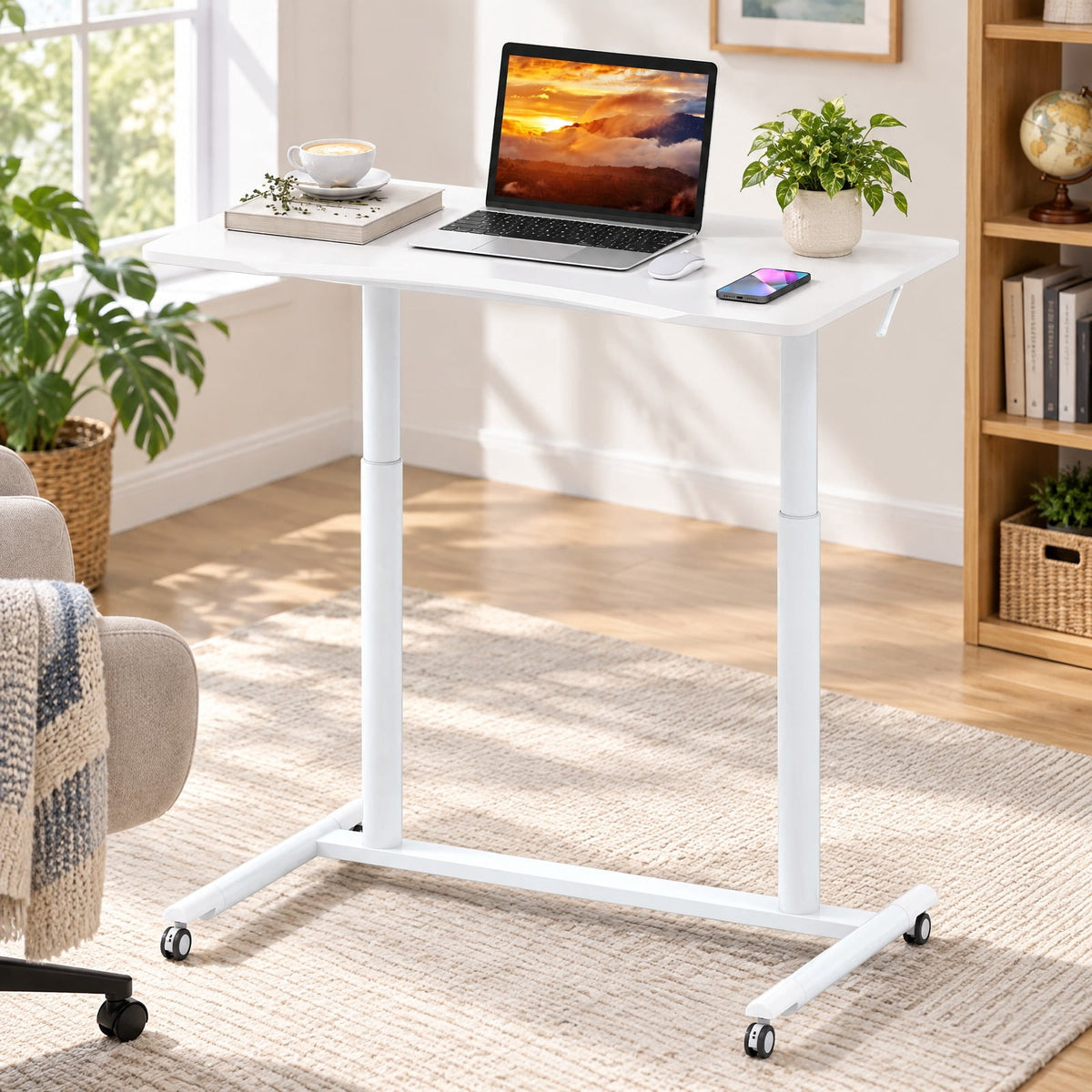 Airfind Height Adjustable Computer Desk Sit to Stand Rolling Table, MDF Frame, 37.5 x 21.5 x 27.5-42 Footprint, White