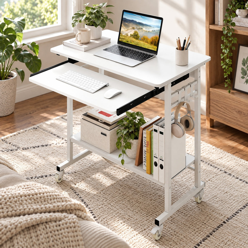 Airfind Rolling Laptop Table with Pull-out Keyboard Tray and Hooks, Engineered Wood Metal Frame, 31.5 x 19.5 x 31 Footprint, White